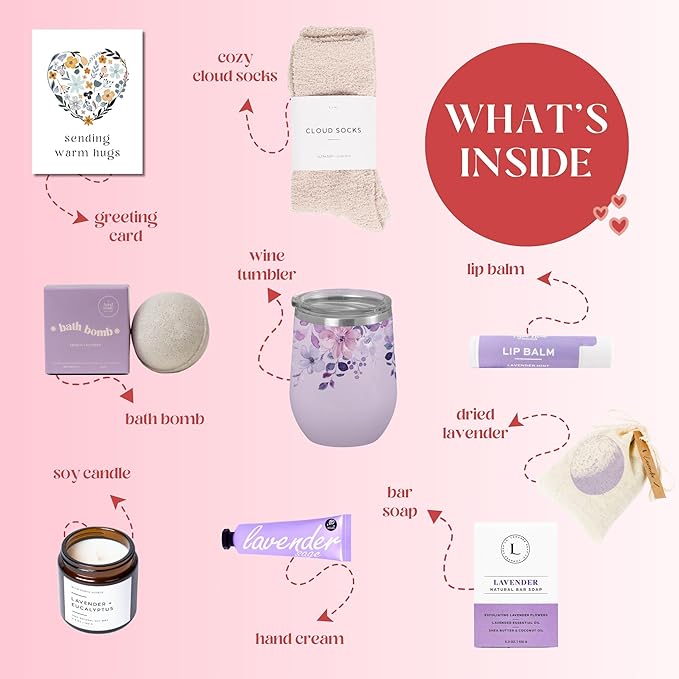 Unboxme Lavender Spa Gift Basket For Women - Relaxation Gifts I Self Care Package with Lavender Scented Candle, Wine Tumbler, Bath Bomb, Soap, Socks, Hand Cream & Bonus Card | Sympathy Gift-Velvo Beauty