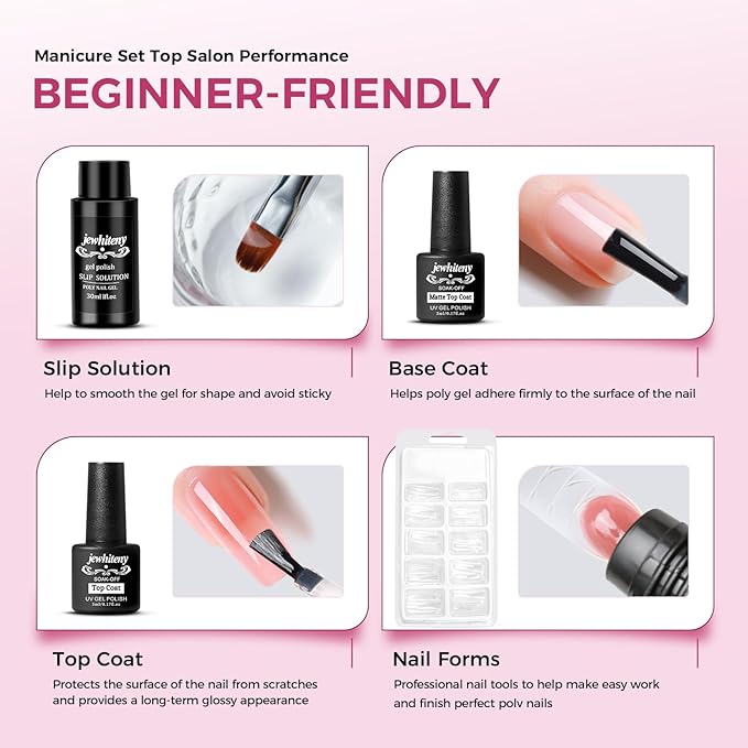 JEWHITENY 28 Colors Poly Nail Gel Kit with Base Top Coat Purple Blue Yellow Nude Pink Glitter Shades Quick-Dry for Beginners DIY Need U V Lamp Curing-Velvo Beauty