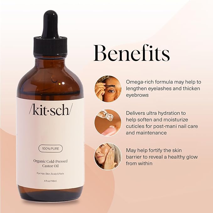 Kitsch Organic Castor Oil for Hair Growth - 100% Pure Castor Oil, Organic Cold Pressed Unrefined Glass Bottle for Face, Skin, Lashes, Brows, Scalp, Nails & Belly Button - Hexane Free, USDA - 4 oz-Velvo Beauty