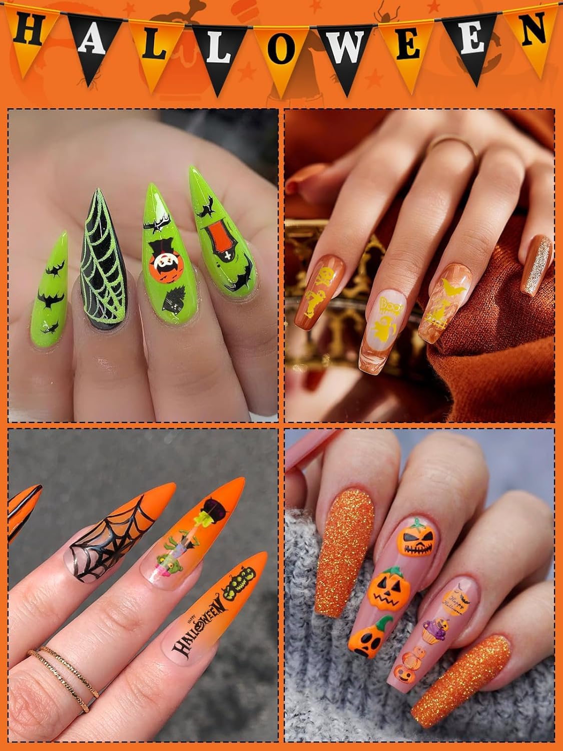 Halloween Nail Art Stickers Decals, Kalolary Self-Adhesive DIY Nail Sticker Decals 3D Design Nail Decorations for Halloween Party Include Pumpkin/Bat/Ghost/Witch(12 Sheets)-Velvo Beauty