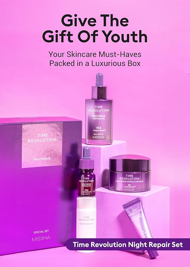 MISSHA Time Revolution Night Repair 5X Gift Set Night Repair Ampoule and Cream 5X, The First Essence 5X for Youthful, Glowing Skin-Velvo Beauty