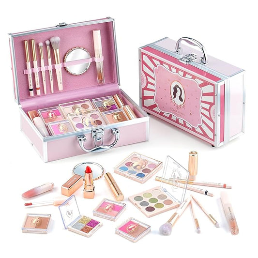 Color Nymph Girls Makeup Kits For Teens, Beginners Makeup Kit All In One Makeup Set For Teenager Full Kit Girls Makeup Kit With Train Case 18 color eyeshadow 4 color glitter & lipgloss - Pink-Velvo Beauty
