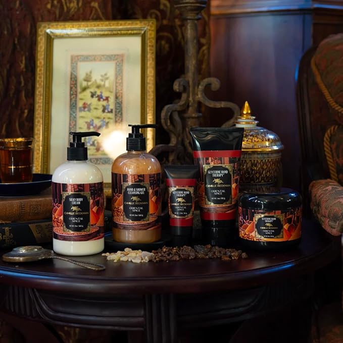 Camille Beckman Oriental Spice Essentials Gift Basket, Glycerine Hand Therapy 6 oz, Silky Body Cream 13 oz, Hand and Shower Cleansing Gel 13 oz, Glycerine Soap 3.5 oz, Bath Body Net, and Gift Basket-Velvo Beauty