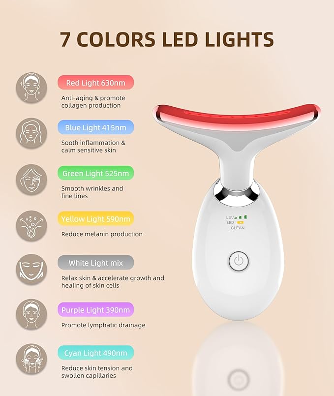 7 Color Face and Neck Massager Light Therapy, Red Light Based Facial Massager for Skin Care, Firming, Smoothing (White)-Velvo Beauty