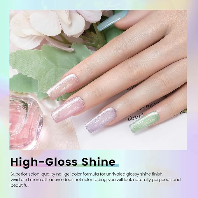 RARJSM Sparkle Diamond Cat Eye Gel Nail Polish Set 6 Colors Nude Pink Milky Jelly Purple Green Blue Silver Glitter Cateye Gel Polish with Magnet Stick UV LED Curing Requires Soak Off Home Salon Diy-Velvo Beauty