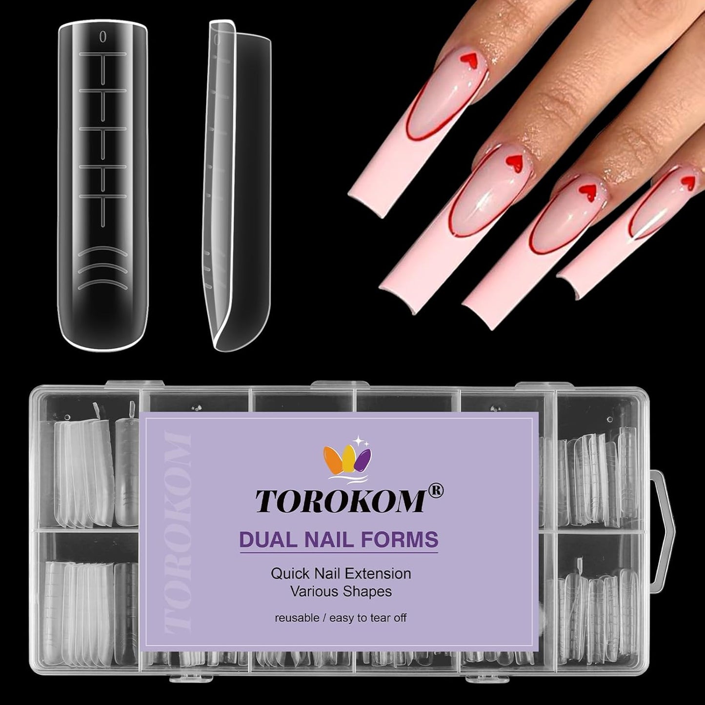 TOROKOM 120Pcs Poly Extension Gel Dual Nail Forms Square Clear Nail Forms Full Cover Coffin Nail Molds 12 Sizes for Gel Manicure Nail Art Design Salon&DIY-Velvo Beauty