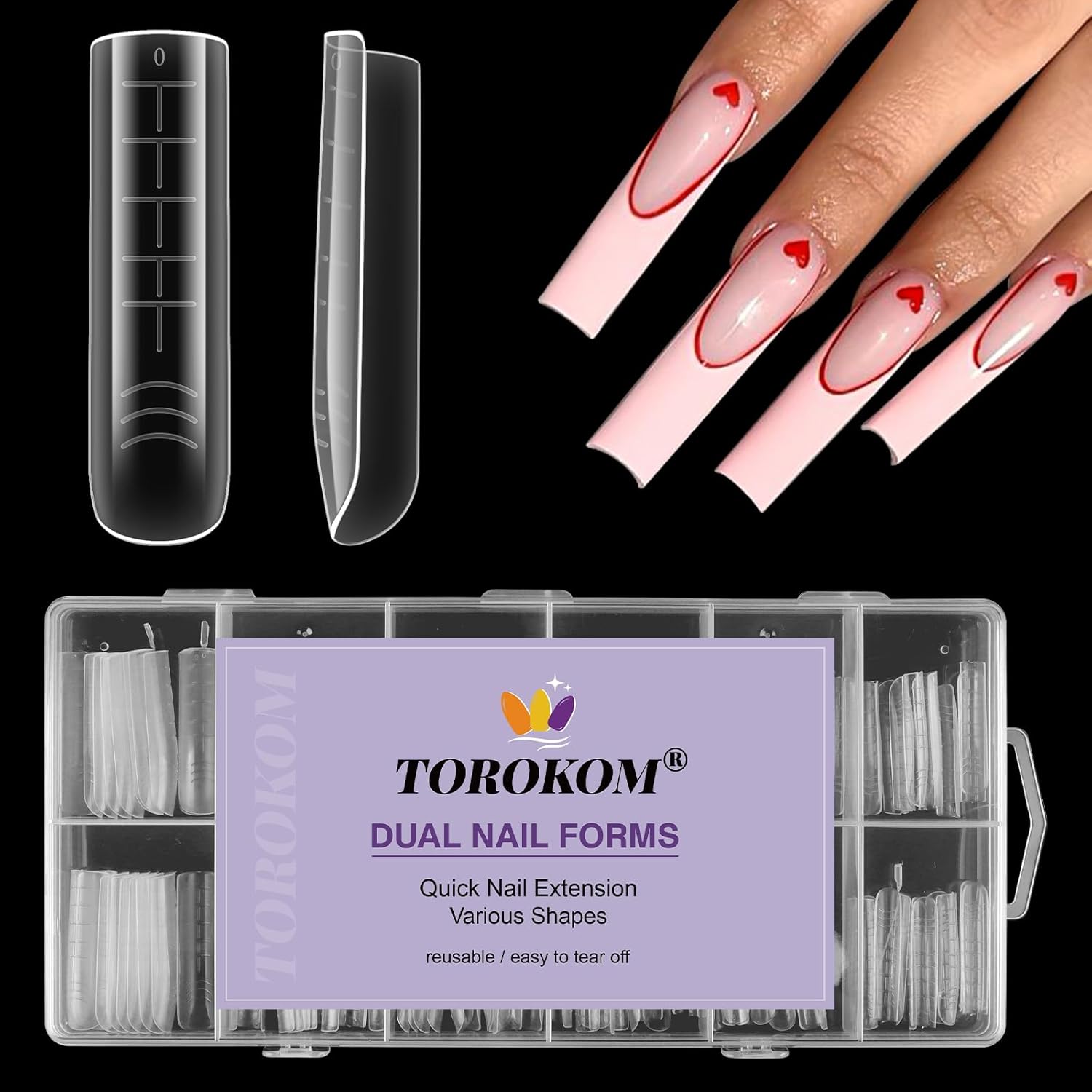 TOROKOM 120Pcs Poly Extension Gel Dual Nail Forms Square Clear Nail Forms Full Cover Coffin Nail Molds 12 Sizes for Gel Manicure Nail Art Design Salon&DIY-Velvo Beauty