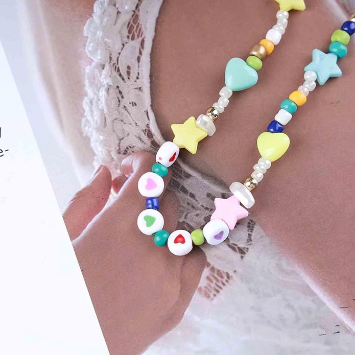Vintage Seed Bead Choker Necklace Pearl Choker Necklace Colorful Star Heart Necklace Cute Rainbow Necklace Chain Jewelry for Women-Velvo Beauty