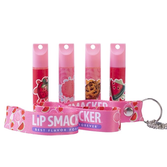 Lip Smacker Flavored Lip Balm & Pink Lanyard Set | Strawberry, Cotton Candy, Watermelon, Oatmeal Cookie Flavors | For Kids | Stocking Stuffer | Christmas Gift | Set of 4-Velvo Beauty