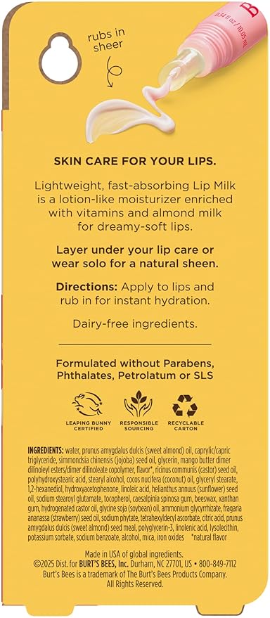 Burt’s Bees Lip Milk, Daily Lip Moisturizer, Sweet Strawberry, Vitamin Enriched Moisturizing Lip Balm with Almond Milk and Jojoba Oil, Hydrating for Softer Lips, 1 Tube, 0.34 Fl Oz-Velvo Beauty