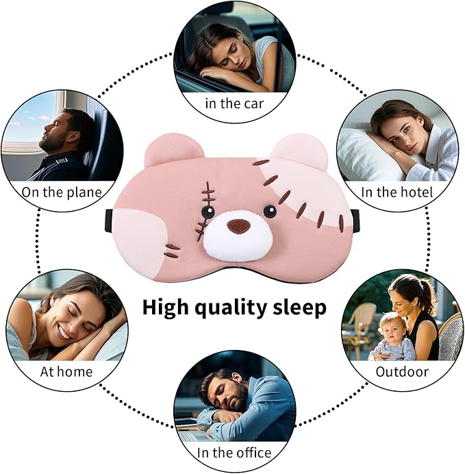 PERFECTSIGHT Sleep Eye Masks, Cute Plush Sleep Eye Cover Lightweight Adjustable Eyeshade Faux Fur Mask Cover for Women Men Kids Sleep Travel Nap, Big Eye Girl, Purple Nose, Brown Pudding Bear-Velvo Beauty