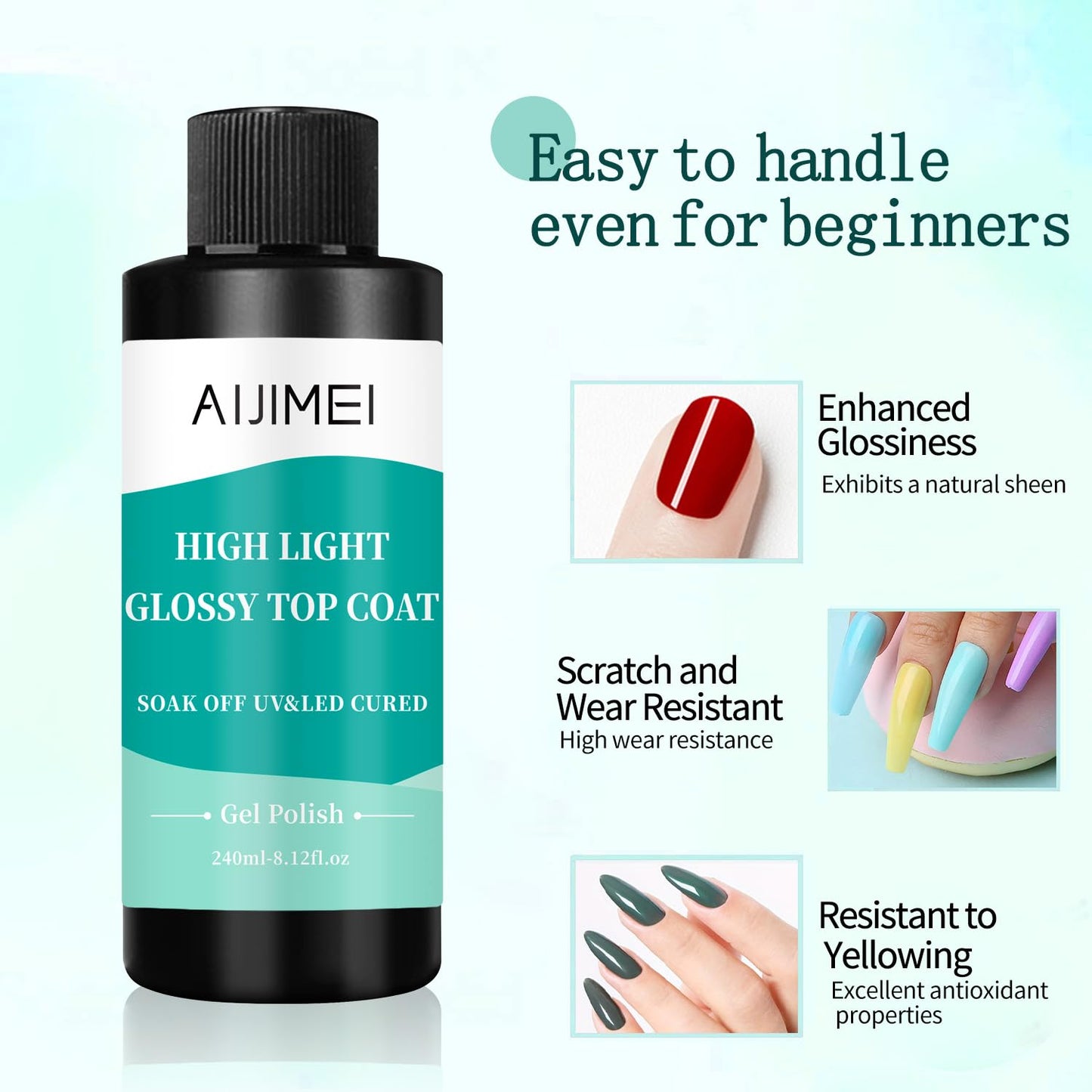 AIJIMEI 240ml High Shine Glossy Top Coat for Nails Long Lasting, Smooth TopCoat, High Light Glossy Top Coat for DIY Nail Art Use Enhance Your Manicure with Brilliant Reflection 8 Fl Oz-Velvo Beauty