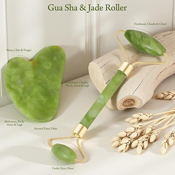 Real Perfection Gua Sha Facial Tools Face Roller for Wrinkles Jade Roller and Gua Sha Set, Scrubber Pore Brush Headband Skin Care Tools for Travel Skincare Routine Massaging Reducing Puffiness - Green-Velvo Beauty