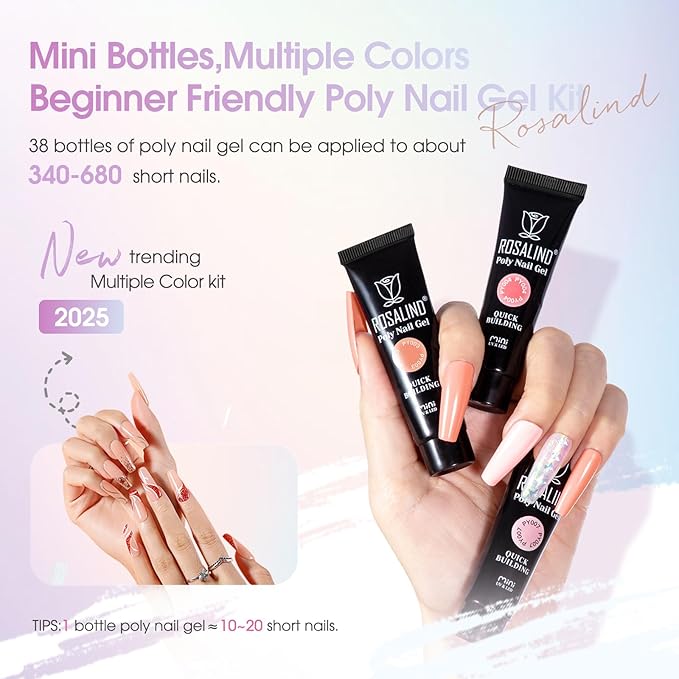 ROSALIND 38PCS Poly Nail Gel Kit with Mini Nail Lamp Glitter Brown Poly Extension Gels Kit Nude Pink Poly Gels Set-Velvo Beauty