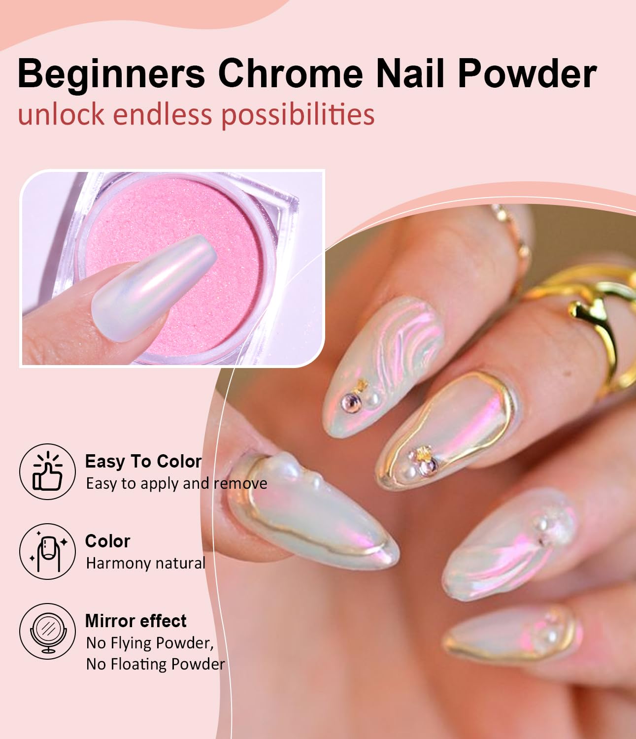 Chrome Nail Powder -【Fairy Effect】Pink Chrome Nail Powder Aurora Mermaid Iridescent Chrome Powder For Nails, Pink Chrome Powder Metallic Mirror Glitter Pigment Dust For Manicure Decoration-Velvo Beauty