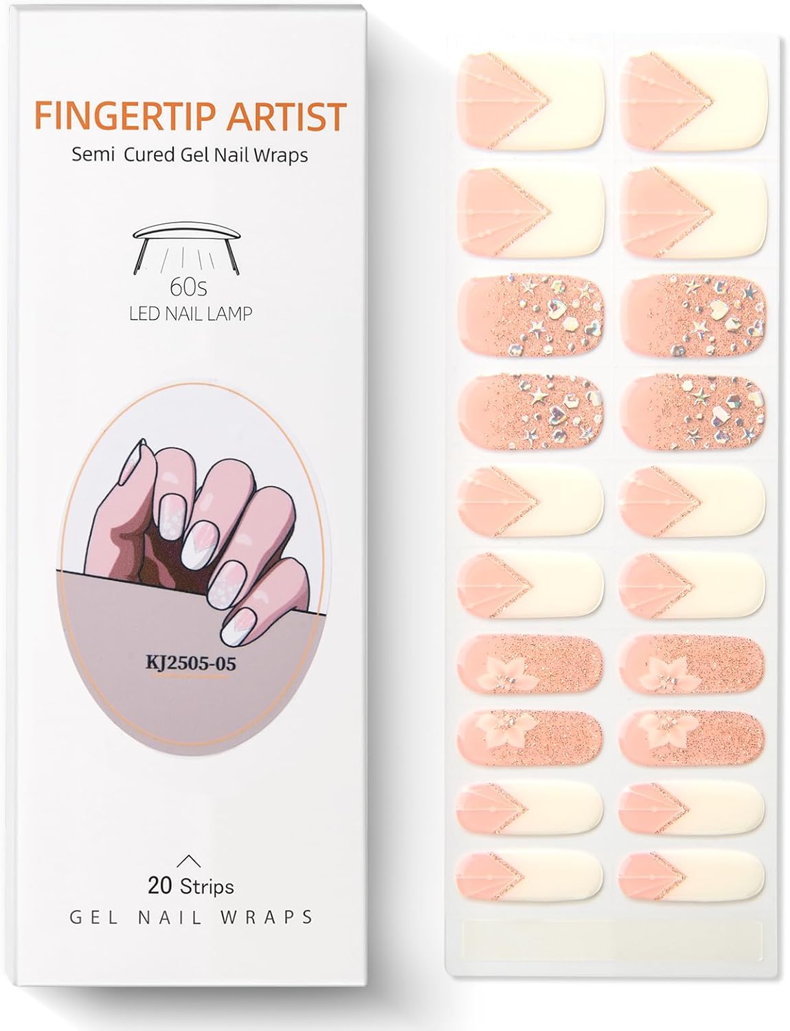 Semi Cured Gel Nail Strips French Tip Gel Nail Strips Whhite Flower Stickers Glitter Wraps Need UV/LED Light Salon Quality & Easy to Use for Women 20 Pcs-Velvo Beauty