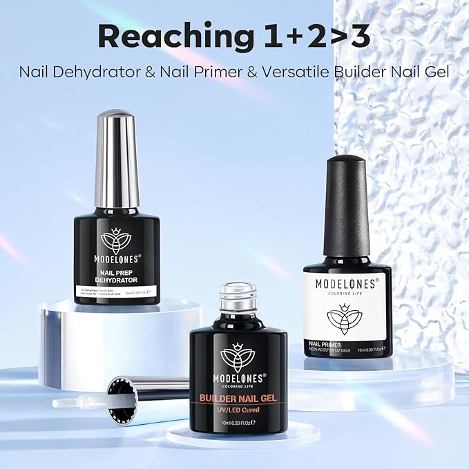 modelones Nail Dehydrator and Primer & Builder Nail Gel, 3Pcs Prep Dehydrate & Bond Primer Clear Gel Builder Polish Base Coat for Strengthener Apex Building, LED Lamp Cured 10ml Home DIY Salon-Velvo Beauty