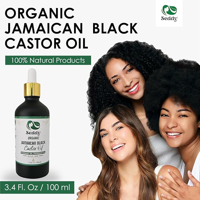 Seddy Organic Jamaican Black Castor Oil - with Rosemary & Peppermint in Glass Bottle - Cold Pressed | Hexane-Free | Promotes Hair Growth | Strengthens Hair | Hair Treatment Oil - 3.4 Fl. Oz-Velvo Beauty