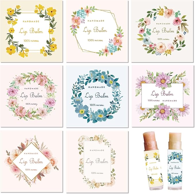 CRASPIRE 80Pcs 8 Styles Lip Balm Sticker Flower Wreath Plants Self-Adhesive Homemade Lip Balm Labels Floral Patter Square DIY Label Stickers for Lip Balm Containers Cosmetics Lipsticks-Velvo Beauty