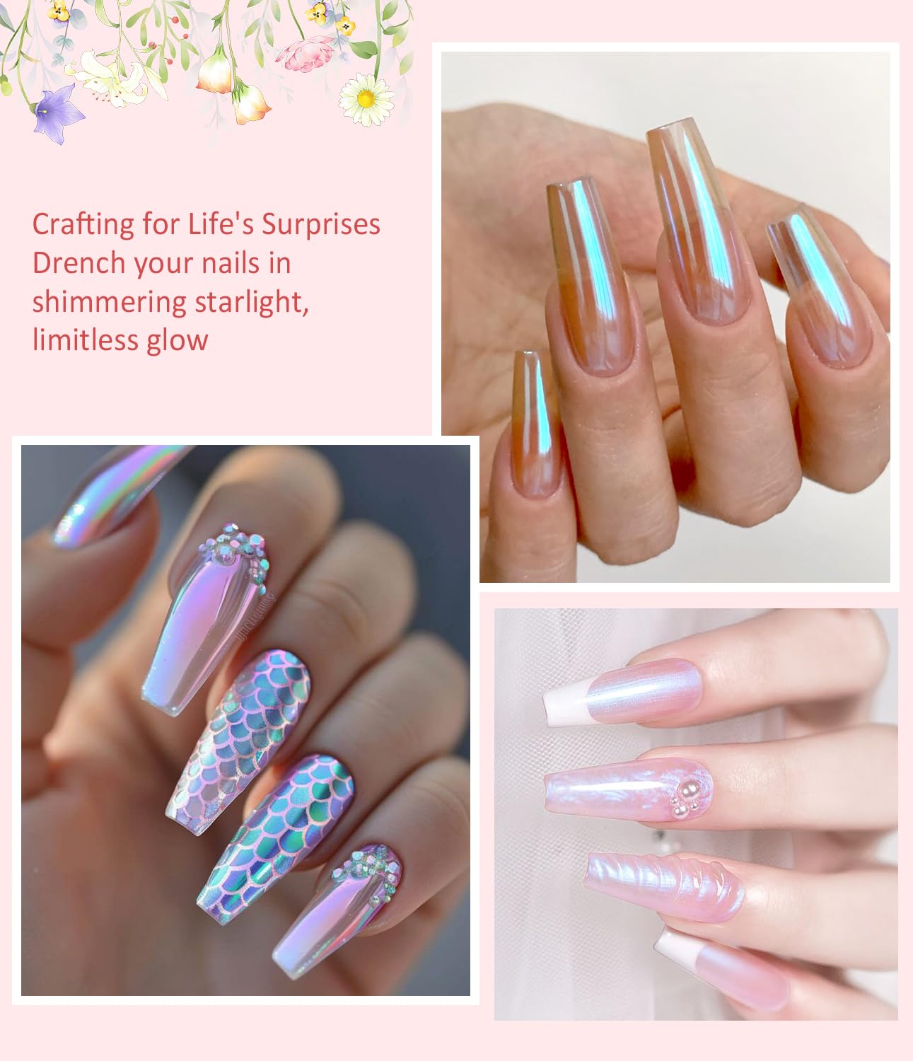 Chrome Nail Powder - Pearl Chrome Nail Powder Glitter Powder, Aurora Chrome Nail Powder Ice Translucent Iridescent Mermaid Pigment Dust Nail Powder Kit For Manicure Decoration DIY-Velvo Beauty