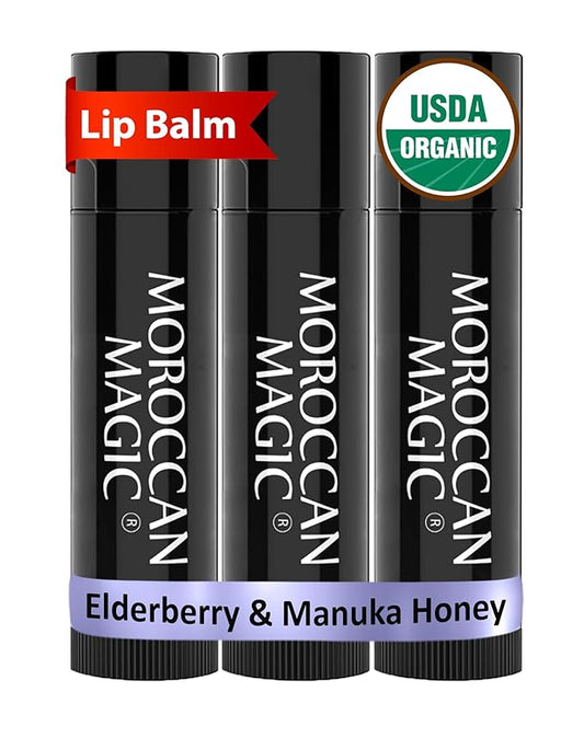 Moroccan Magic Organic Elderberry & Manuka Honey Lip Balm 3 Pack | Ultra-Hydrating Argan Oil Lip Moisturizer + Vitamin E | Natural Chapstick for Dry Lips | Smooth, Non-Toxic | Organic Lip Balm-Velvo Beauty
