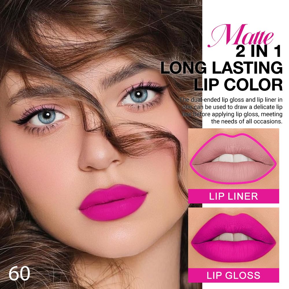 evpct 1Pcs Fuchsia Red Matte Lip Liner & Liquid Lipstick Stain Makeup Set for Women, Fuchsia Lip Liner Stain Long Lasting Waterproof Smudge Proof, Cruelty Free Lip Stick Makeup 24 hours originales, 60-Velvo Beauty