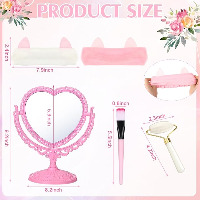 8 Set Spa Party Supplies for Girls Including 8 Heart Shaped Stand Mirrors 8 Jade Roller for Face 8 Face Brushes Kit 8 Face Mask Mixing Bowl 8 Headband for Sleepover Birthday Party Favors-Velvo Beauty