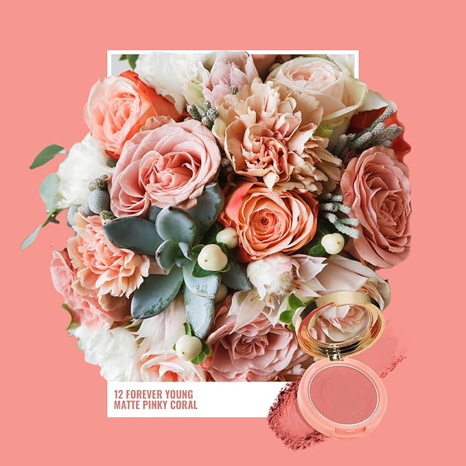 Oulac Blush Face Coral Matte | Pigmented Powdery Cream Blusher Warm Skin Light Medium| Natural Matte | Light Weight&Blendable| Cruelty-Free Blush| 12 Forever Young 4.8g-Velvo Beauty