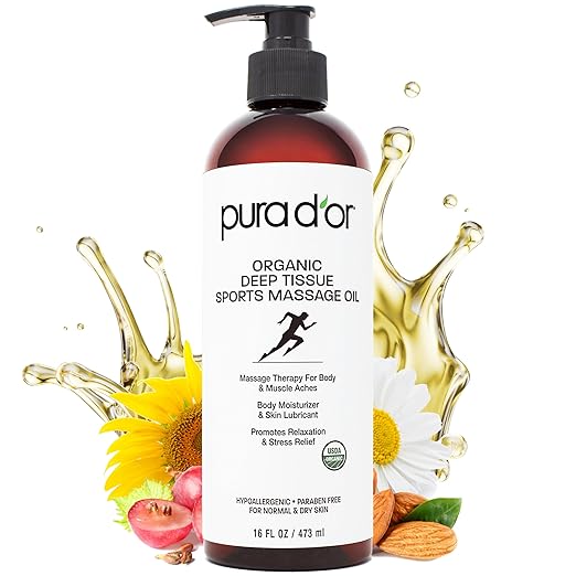 PURA D'OR 16 Oz Organic Deep Tissue Sports Massage - Jojoba, Sunflower, Almond, Grapefruit & Eucalyptus Oils - Alleviate Muscle Soreness-Velvo Beauty