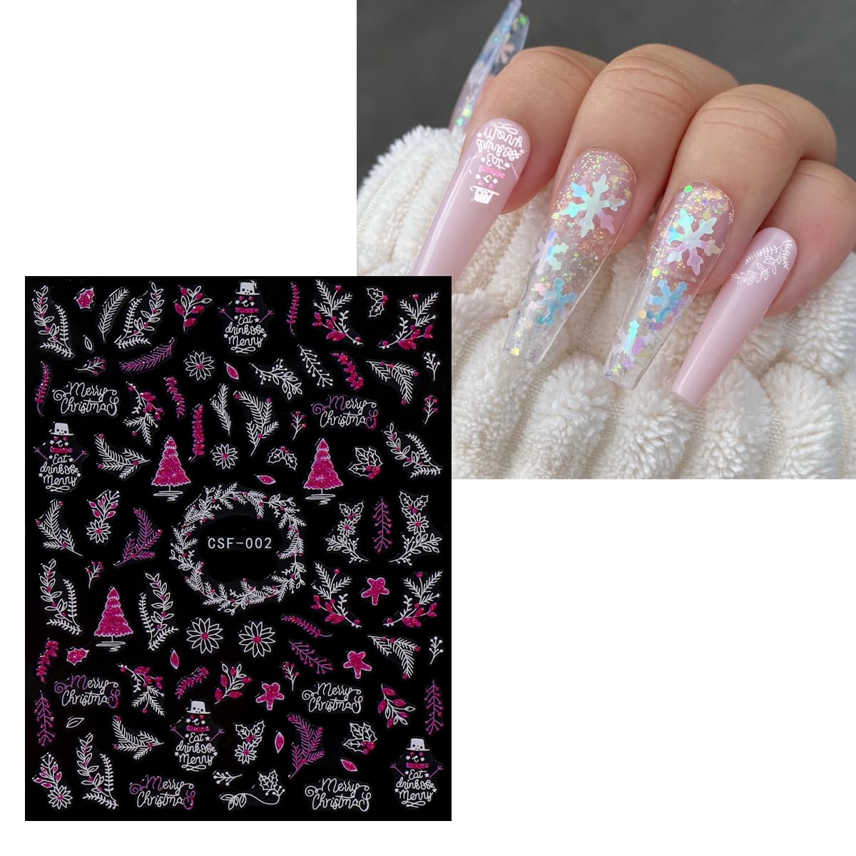 JMEOWIO 9 Sheets Christmas Pink Glitter Nail Art Stickers Decals Self-Adhesive Snowflake Winter Holiday Nail Supplies Nail Art Design Decoration Accessories-Velvo Beauty