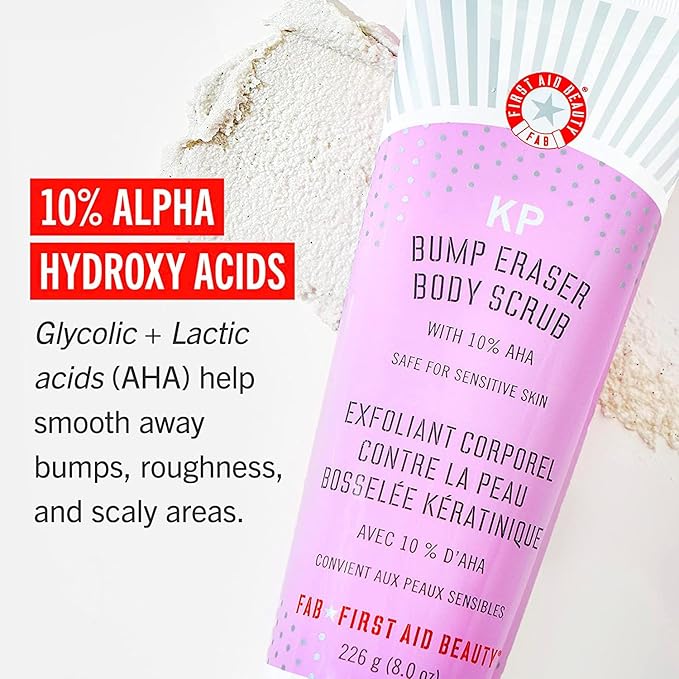 First Aid Beauty KP Bump Eraser Body Scrub Exfoliant for Keratosis Pilaris with 10% AHA – 8 oz + Bonus 1 oz Travel Size Tube-Velvo Beauty
