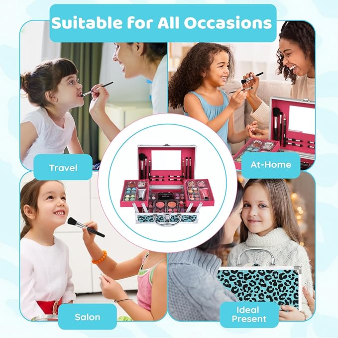 Anpro All-In-One Leopord Double Folding Makeup Carry Case with Pro Teen Makeup Set, Full Starter Kit with Makeup Brushes, Lipsticks, Eyeshadow Palette, Blushes, Glitter Gel, Ideal Present for Girls-Velvo Beauty