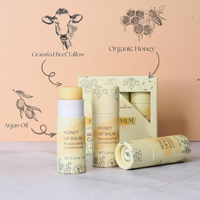 Natural Honey Lip Balm - 100%-grassfed Beef Tallow Chapstick, Organic Raw Honey & Argan Oil - Ultra Moisturizing, Conditioning, No Paraffin, Non Toxic, all Natural - 3 Pack (3x0.28 oz) Untinted-Velvo Beauty