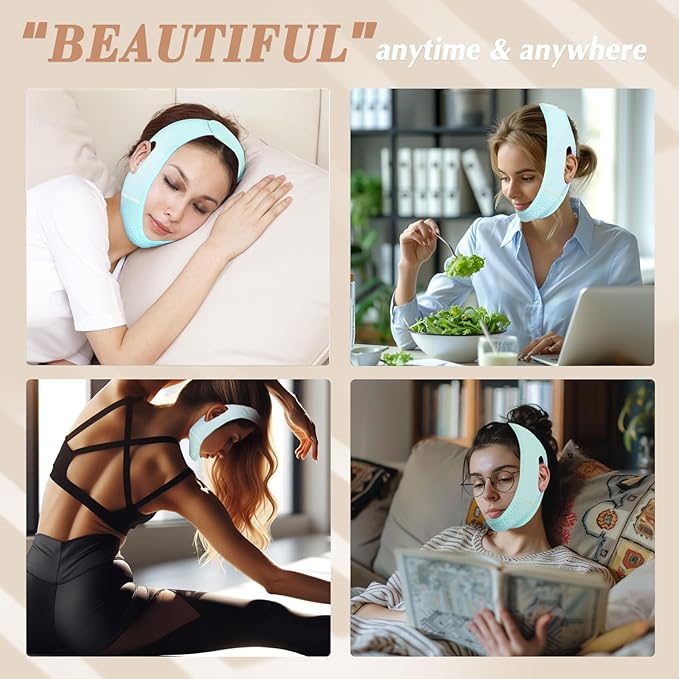 Reusable V Line Lifting Mask with Chin Strap, V Shaped Face Mask for Sagging, Jaw Exerciser (Light Blue)-Velvo Beauty