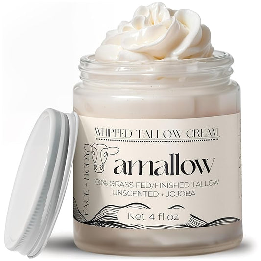 Amallow 100% Grass Fed Beef Tallow for Skin Care - Face + Body - Whipped Moisturizer for Sensitive Skin - Natural Lotion, 4 FL. oz. (Unscented + Jojoba Oil)-Velvo Beauty