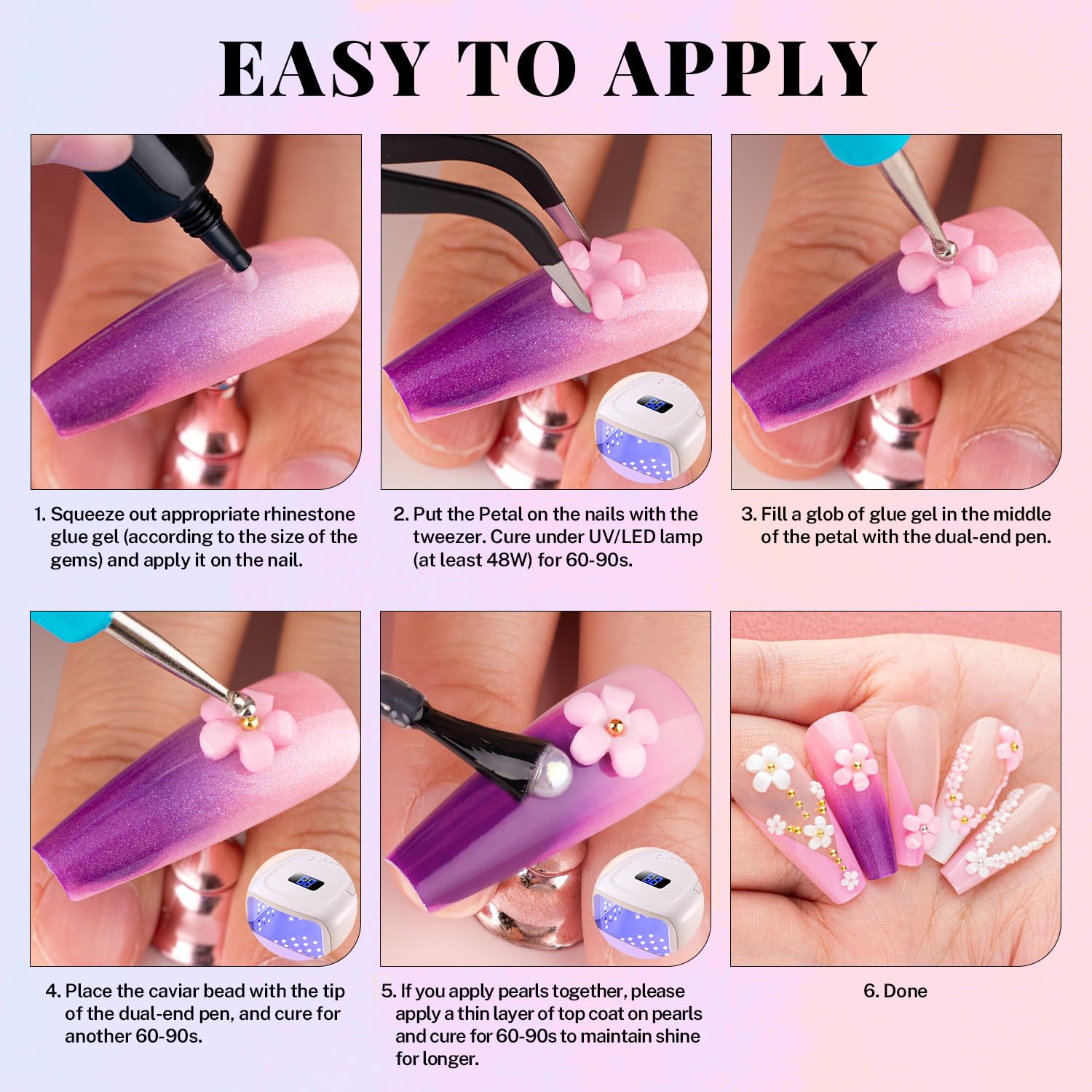 3D Flower Nail Charms and Gems, Cute Colorful Floral Charm Manicure Kit with Nail Rhinestone Glue Gel (UV Curing), Butterfly Caviar Beads Half Round Pearl & Flatback AB + Clear Crystal-Velvo Beauty