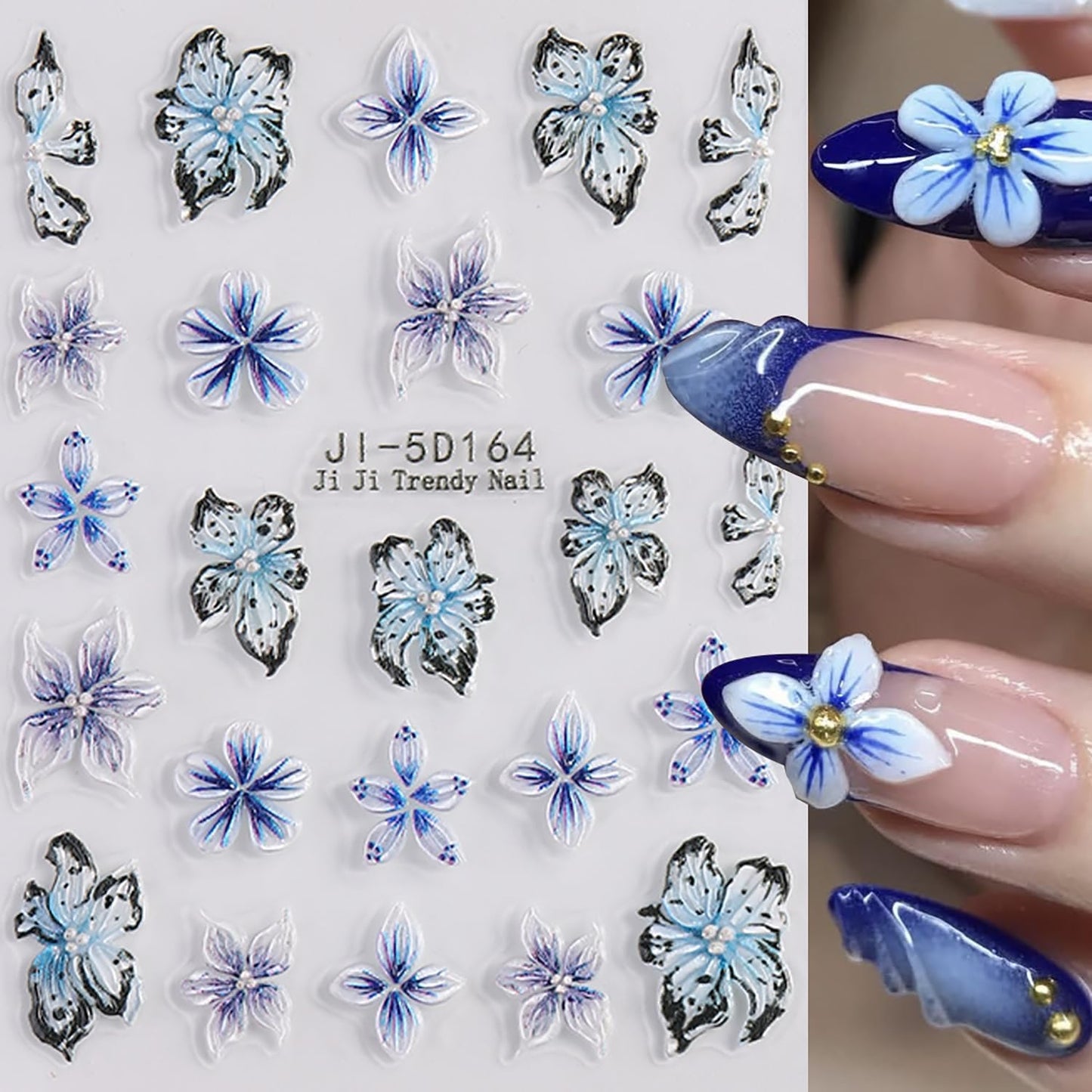 4 Sheets 5D Flower Nail Art Sticker Stereoscopic Floral Self-Adhesive Nails Stickers Blossom Nail Art Decals Holographic Flowers Decal for Women Pink Blue Red Manicure Stickers DIY Nails Supplies-Velvo Beauty