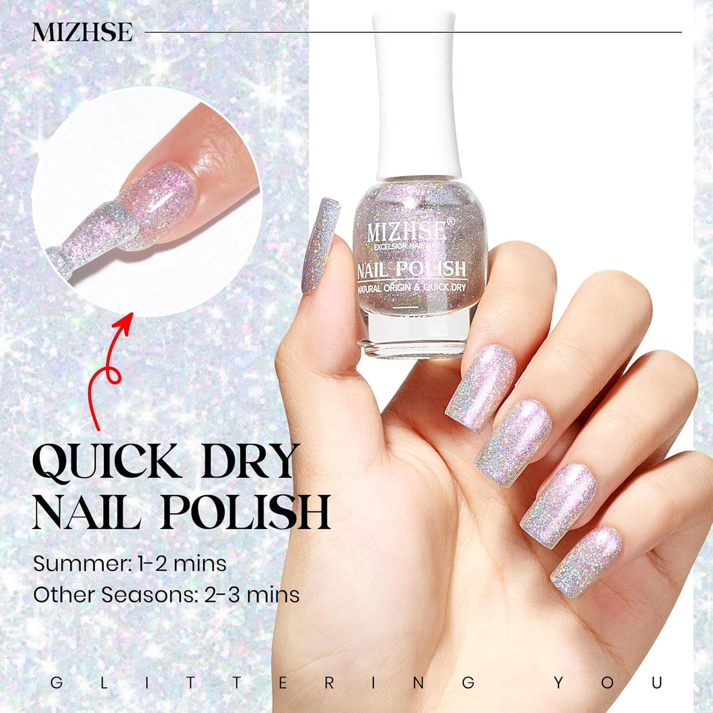 MIZHSE Rainbow Glitter Nail Polish, Quick Dry Iridescent Nail Polish, 15 ml 0.5 fl oz High Glossy Sparkle Shiny Nail Pigment Oil-based Nail Lacquer Nail Art Salon Manicure Home-Velvo Beauty