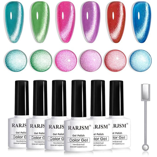 RARJSM Neon Diamond Cat Eye Gel Nail Polish Set 6 Colors Velvet Silver Glitter Bright Green Lake Blue Red Rose Purple Gel Polish with Magnet Stick UV LED Curing Requires Soak Off Home Salon Diy-Velvo Beauty
