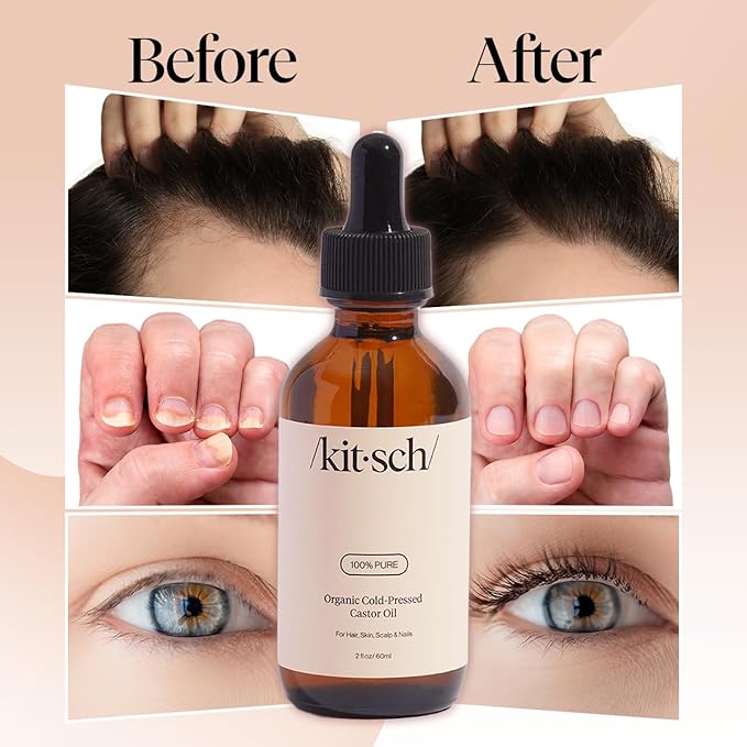 Kitsch Organic Castor Oil for Hair Growth - 100% Pure Castor Oil, Organic Cold Pressed Unrefined Glass Bottle for Face, Skin, Lashes, Brows, Scalp, Nails & Belly Button - Hexane Free, USDA - 2 oz-Velvo Beauty
