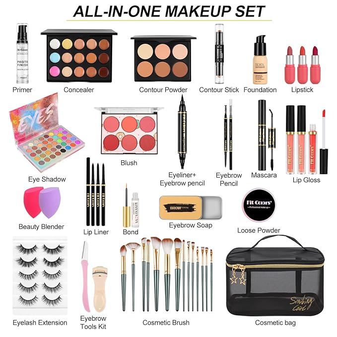 Fenshine Makeup Set,Make Up Starter Kit With Storage Bag Portable Travel Make Up Palette Eyeshadow Foundation Lip Gloss for Teenage & Adults (Type A)-Velvo Beauty