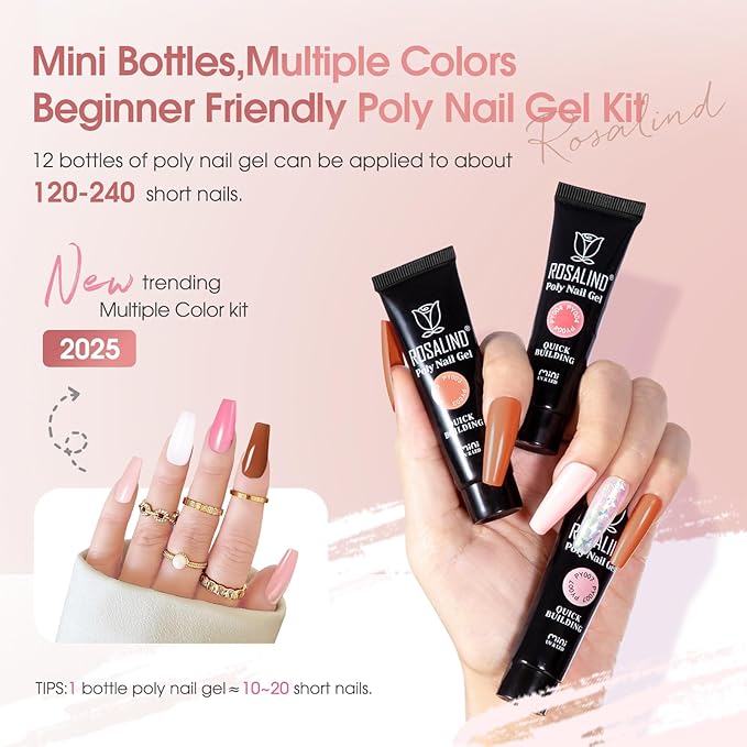 ROSALIND 12PCS Pink Brown Poly Nail Gel Kit with Mini Nail Lamp White Glitter Pink Poly Extension Gel Set-Velvo Beauty