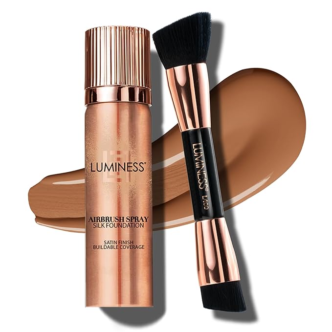 LUMINESS Silk Airbrush Spray Foundation & Buffing Brush Kit – Full Coverage Foundation & Dual-Sided Buffing Brush - Buildable Coverage, Anti-Aging Formula Hydrates & Moisturizes (Shade - Tan)-Velvo Beauty