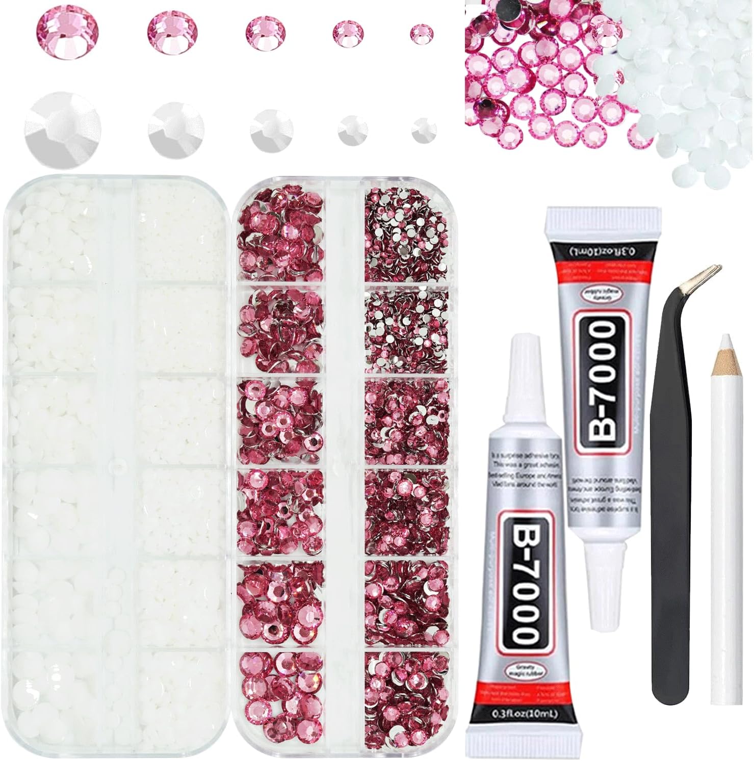 White And Pink Rhinestones with Glue(S8-S30) for Bedazzling,2mm-6mm Non-Hotfix Flatback Nail Gems Beads with B7000, Resin Nail GemsStones Diamond Kit for Bedazzle Crafting, Nails DIY Art Decoration-Velvo Beauty