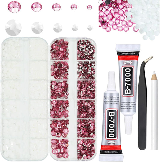 White And Pink Rhinestones with Glue(S8-S30) for Bedazzling,2mm-6mm Non-Hotfix Flatback Nail Gems Beads with B7000, Resin Nail GemsStones Diamond Kit for Bedazzle Crafting, Nails DIY Art Decoration-Velvo Beauty