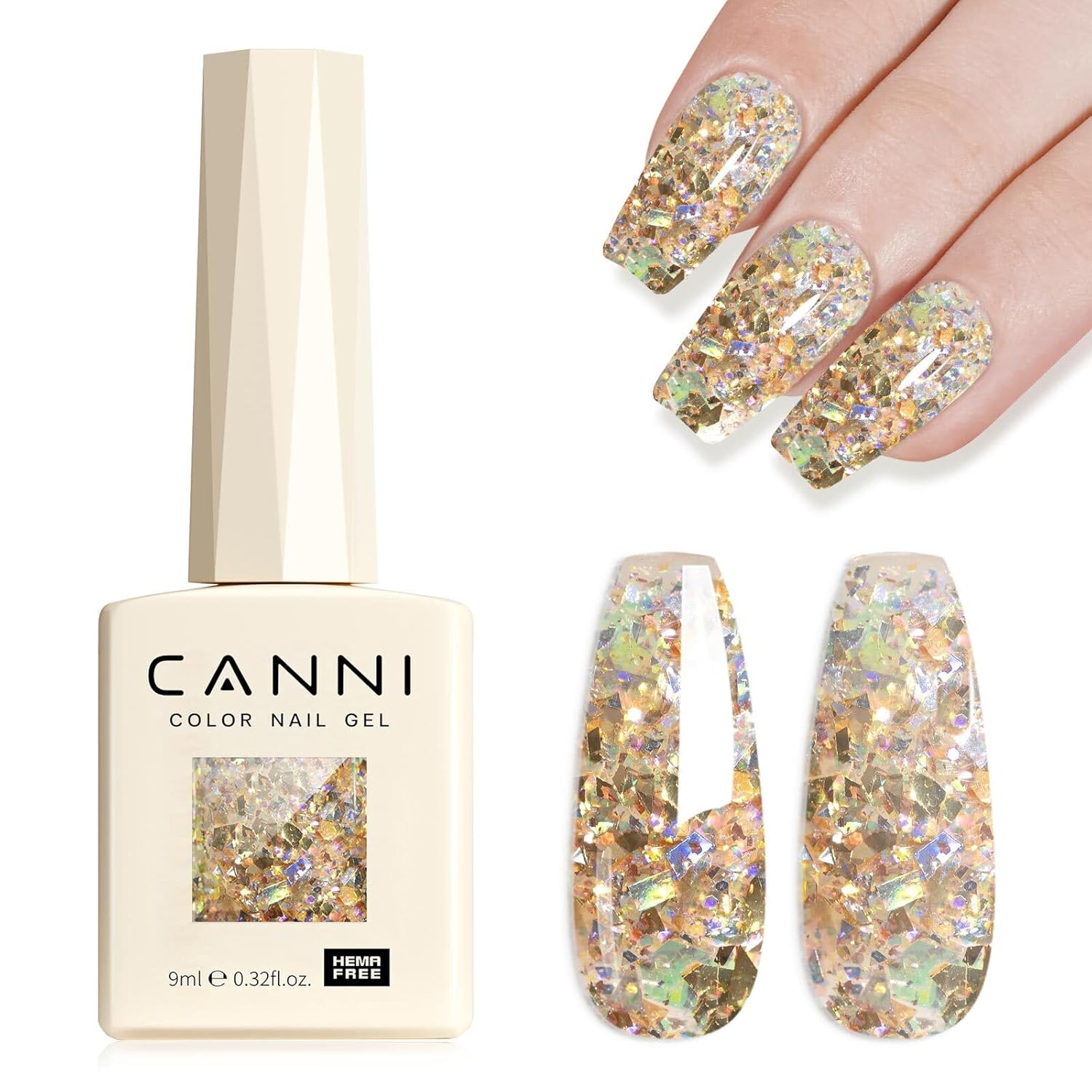 CANNI Glitter Gel Nail Polish – 9ML Broken Gold Prism Flash Gel Polish, Holographic Gold, Soak Off UV LED Nail Art Salon & DIY Manicure at Home-Velvo Beauty