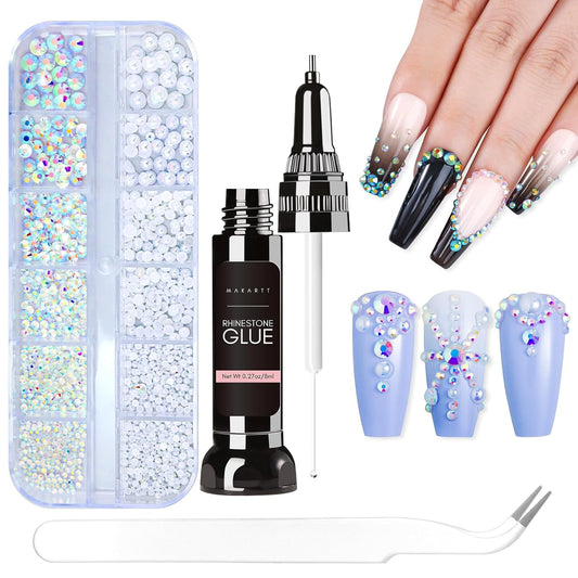 Makartt AB Rhinestones Gel Nail Glue for Gems, 8ML with Half-Round Pearl & Rhinestone Picker Tweezers, Strong Adhesive for Nail Gems, Diamond Art & Nail Charms Decoration-Velvo Beauty
