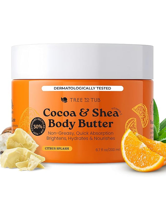 Tree to Tub Shea Body Butter for Dry, Extremely Dry, Sensitive Skin - Moisturizing Body Cream for Women & Men, Hydrating Body Lotion Moisturizer w/Vitamin C, Organic Cocoa, Citrus Scent-Velvo Beauty