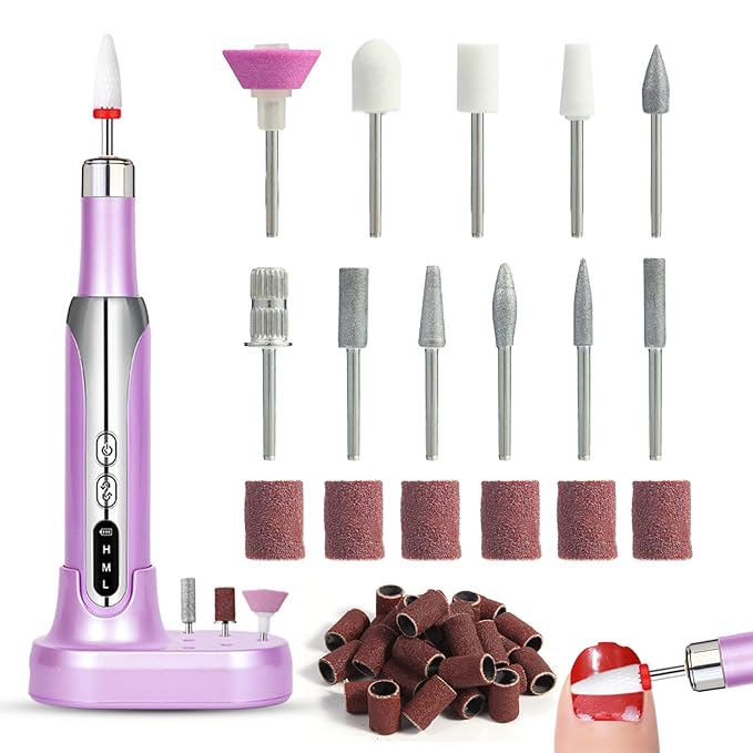 Electric Nail Drill File Cordless,Portable Rechargeable Nail File Kit for Acrylic & Gel Nails,Professional Efile for Manicure Pedicure Polishing,with 12 Nail Drill Bits 31 Sanding Bands,Purple-Velvo Beauty
