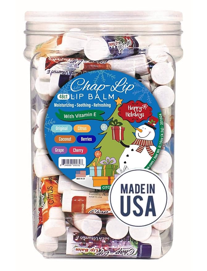 Chap-Lip Vitamin E Lip Balm - Moisturizing Lip Therapy with Coconut Oil in 6 Flavors, 48 Count Holiday Jar-Velvo Beauty